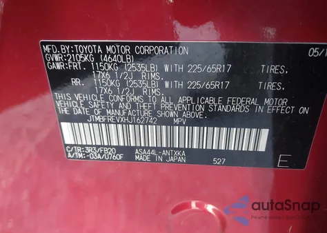 2017 Toyota Rav4 Le z USA, uszkodzony, nr VIN JTMBFREVXHJ162742